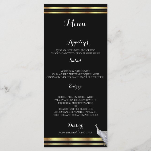 Elégance Peacock dans Black Gold et White Menu (Devant)