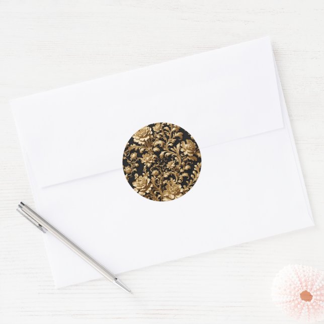 Elegance Redefined: Black and Gold Baroque Floral Classic Round Sticker (Envelope)