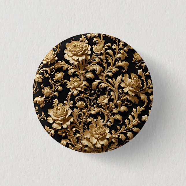 Elegance Redefined: Black and Gold Flemish Baroque 1 Inch Round Button (Front)