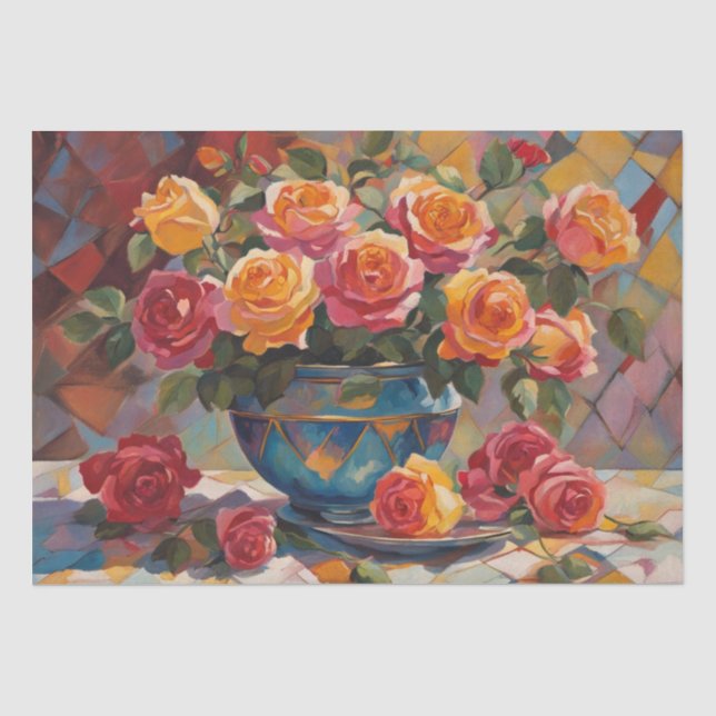 Elegance: Rose Bouquet in a Harlequin Decoupage Tissue Paper (Front)