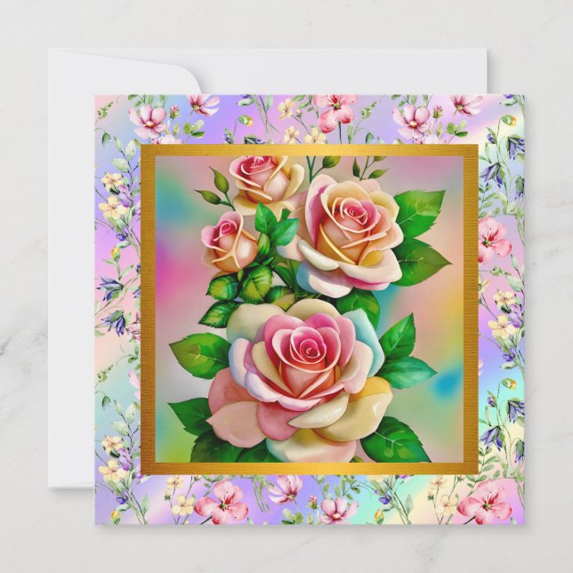 Elegance Roses Pink and Yellow Watercolor Pastel Card (Front)