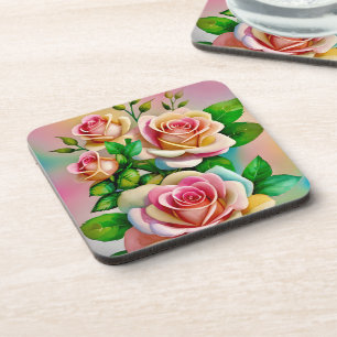 Elegance Roses Pink and Yellow Watercolor Pastel Coaster