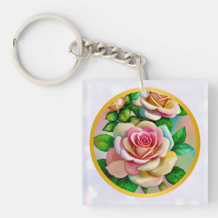 Elegance Roses Pink and Yellow Watercolor Pastel Keychain