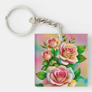 Elegance Roses Pink and Yellow Watercolor Pastel Keychain