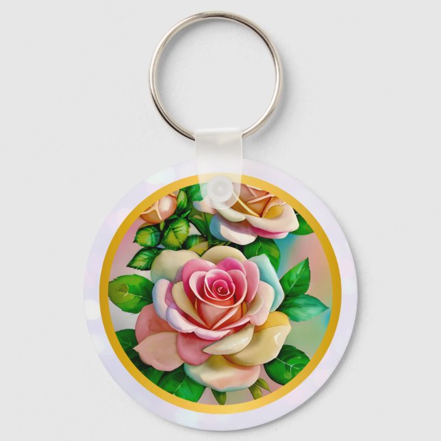 Elegance Roses Pink and Yellow Watercolor Pastel Keychain (Front)