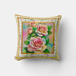 Elegance Roses Pink and Yellow Watercolor Pastel Throw Pillow