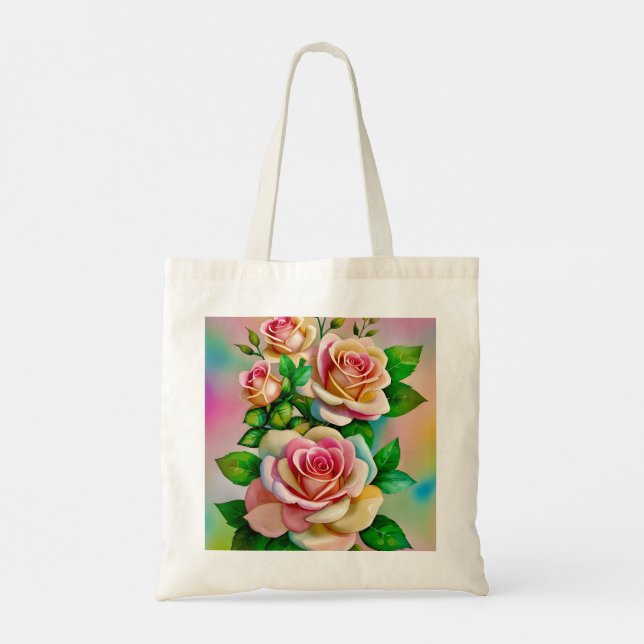 Elegance Roses Pink and Yellow Watercolor Pastel Tote Bag (Back)