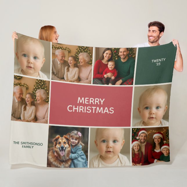 elegance Sage 8 Photos collage merry Christmas Fleece Blanket (In Situ)