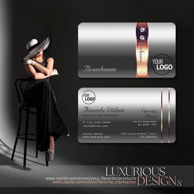 Elegance Silver Rose Gold Decor Diamonds and Logo Business Card (Creator Uploaded)