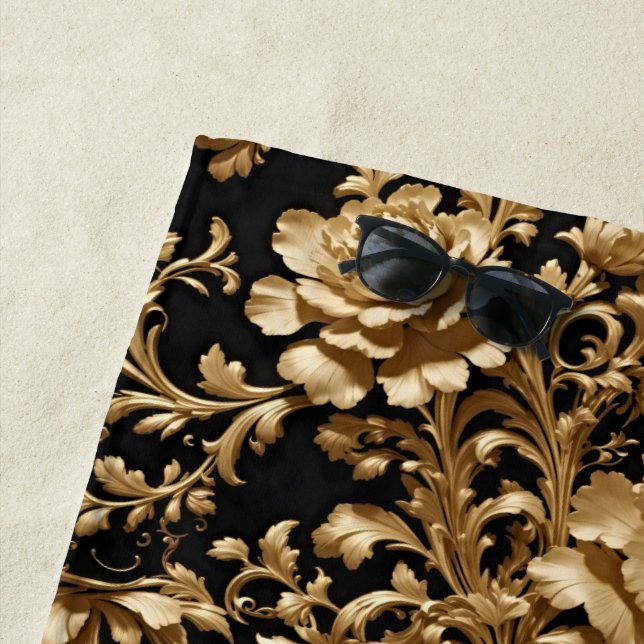 Elegance Unveiled: Black and Gold Floral  Beach Towel (In Situ)