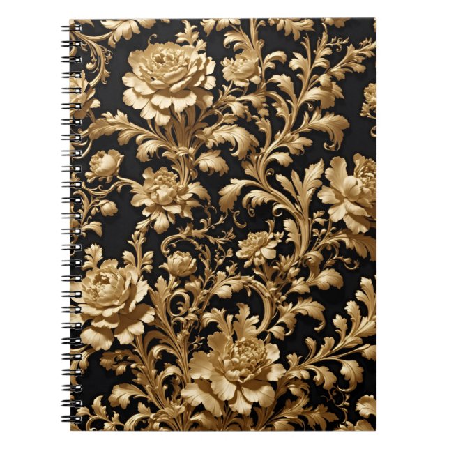 Elegance Unveiled: Black and Gold Floral Notebook (Front)
