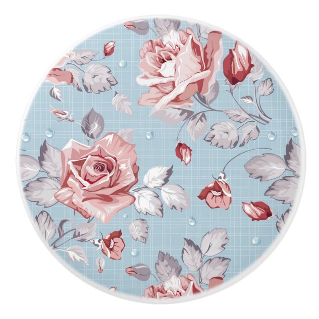 Elegance wallpaper pattern of pink roses 2 ceramic knob (Front)