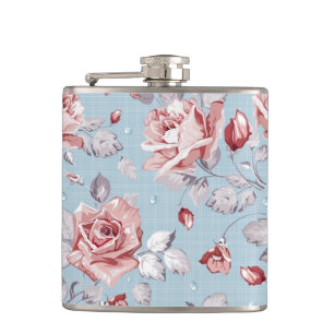 Elegance wallpaper pattern of pink roses 2 hip flask