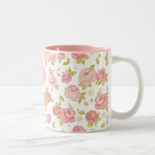 Elegance wallpaper pattern of pink roses 3 Two-Tone coffee mug (Right)