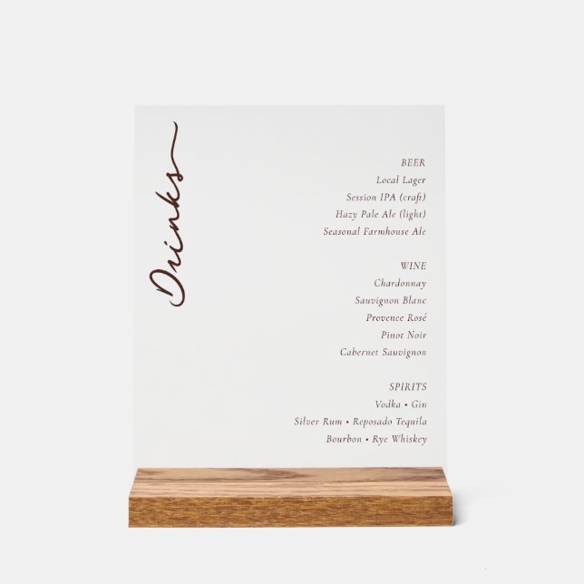 Elegance White Script Menu Design Acrylic Sign (Front)