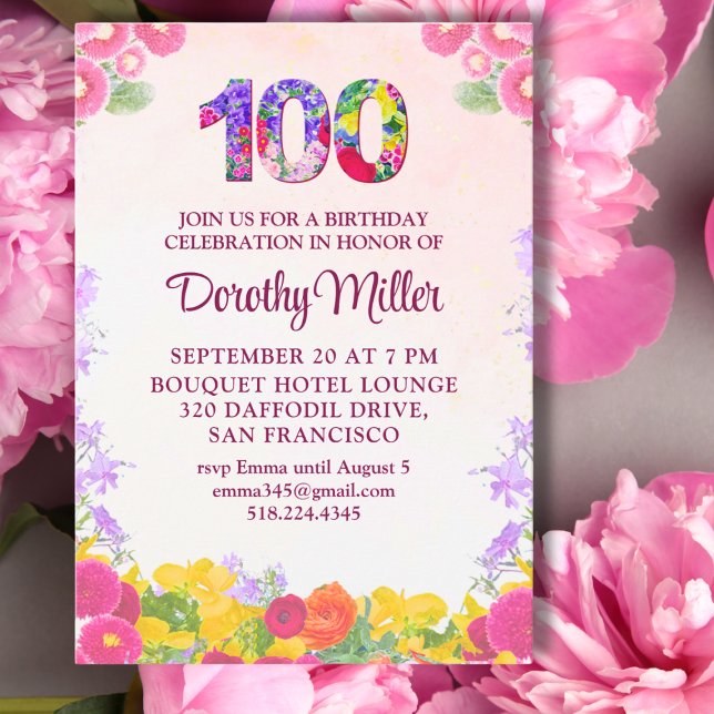 Elegant 100th Birthday - Floral 100 Invitation Postcard (Creator Uploaded)