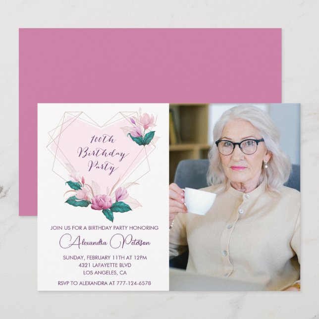 Elegant 100th birthday invitations Floral Photo (Front/Back)