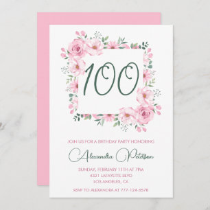 Elegant 100th birthday invitations Floral Pink