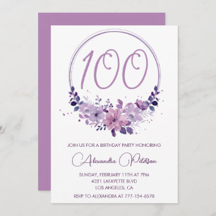 Elegant 100th birthday invitations Floral Purple