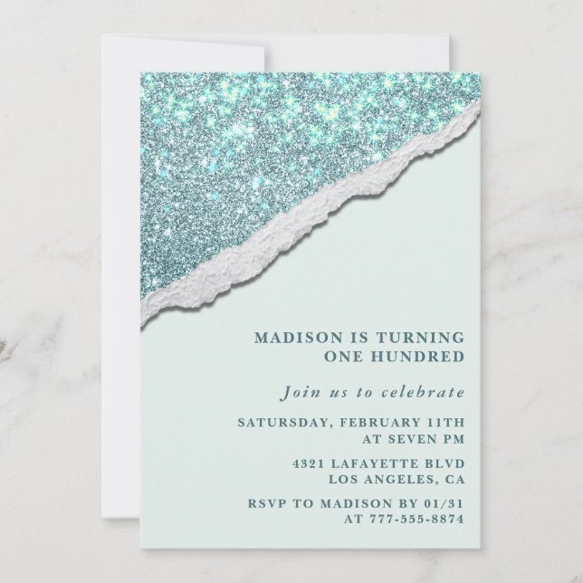 Elegant 100th birthday invitations Glam Glitter (Front)