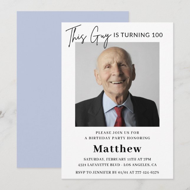 Elegant 100th birthday invitations Men Photo (Front/Back)