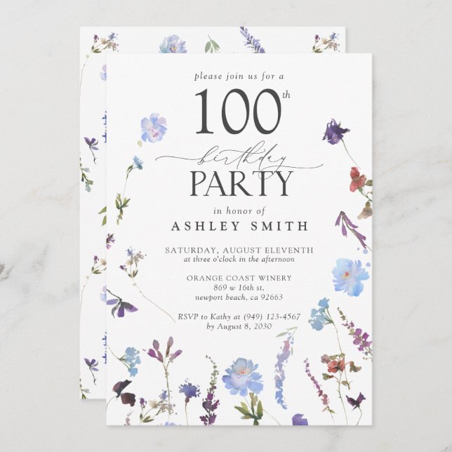 Elegant 100th Birthday Party Blue Wildflowers  Invitation (Front/Back)