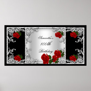 Elegant 100th Birthday Party Red Rose Silver Poster