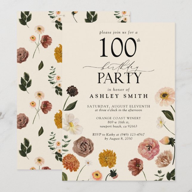 Elegant 100th Birthday Party Terracotta Flowers  Invitation (Front/Back)