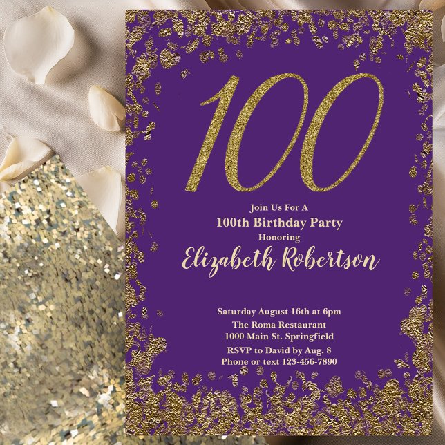 Elegant 100th Purple Birthday Invitation Gold  (Creator Uploaded)