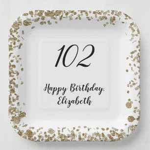 Elegant 102nd Birthday Black and Gold Paper Plate