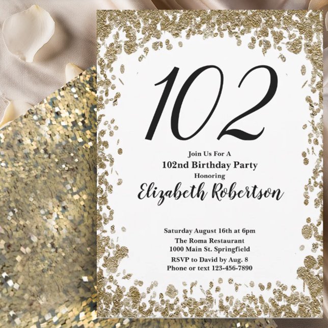 Elegant 102nd Birthday Invitation For Her in Gold (Creator Uploaded)