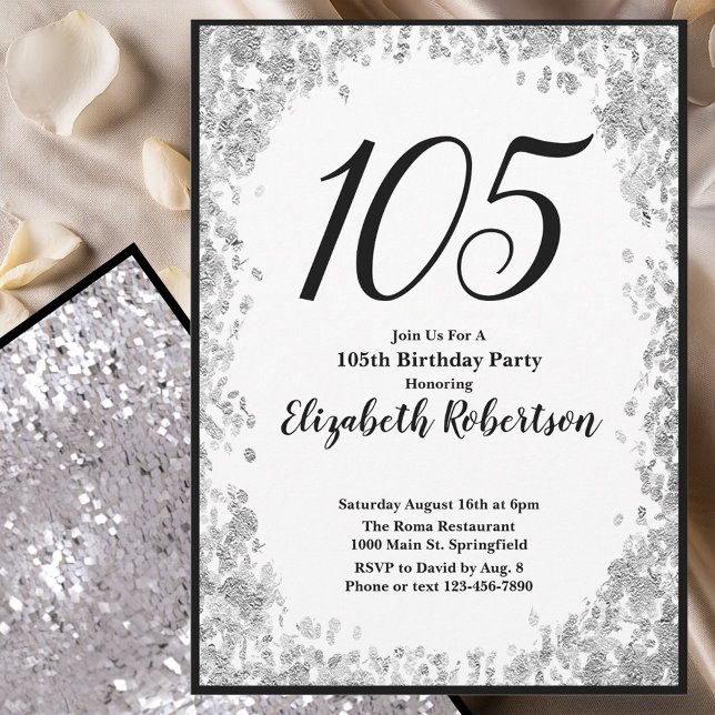 Elegant 105th Birthday Invitation Silver and Black (Creator Uploaded)