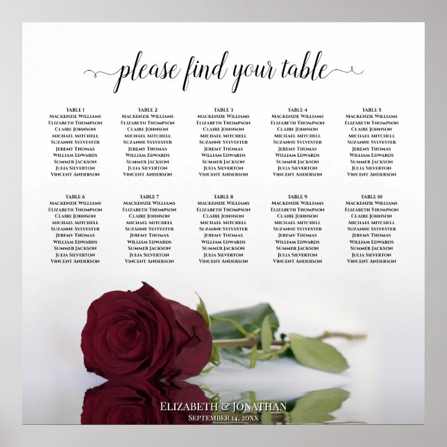 Elegant 10 Table Burgundy Rose Seating Chart (Front)