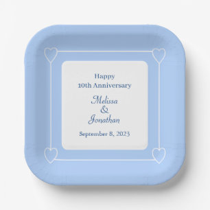 Elegant 10th Anniversary Romantic Hearts Blue Paper Plate