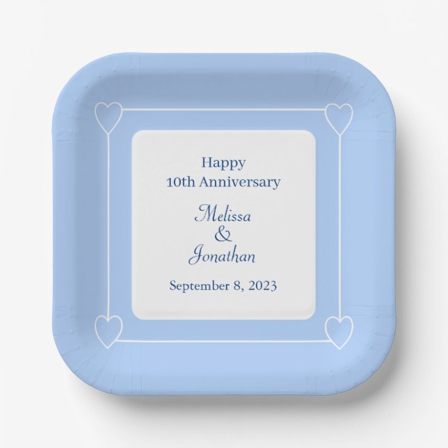 Elegant 10th Anniversary Romantic Hearts Blue Paper Plate (Front)