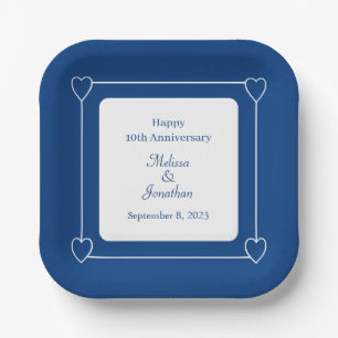 Elegant 10th Anniversary Romantic Hearts Blue Paper Plate