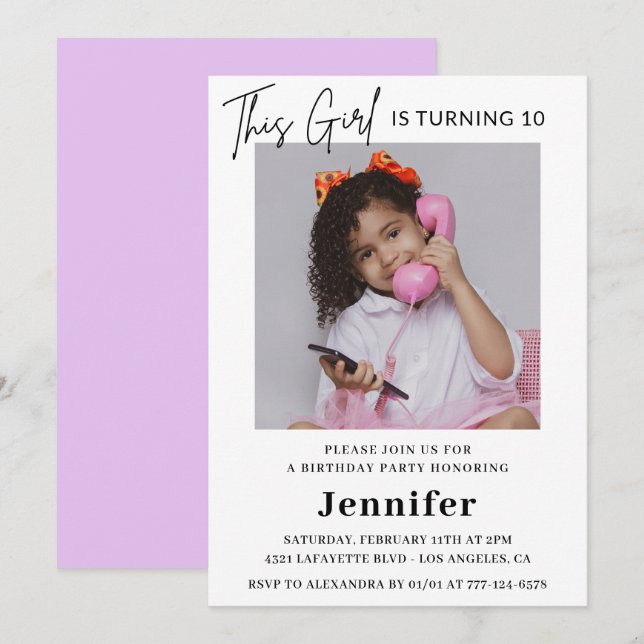 Elegant 10th birthday invitation Photo Girl Modern (Front/Back)