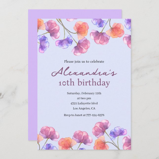 Elegant 10th birthday invitations Boho Floral Chic (Front/Back)