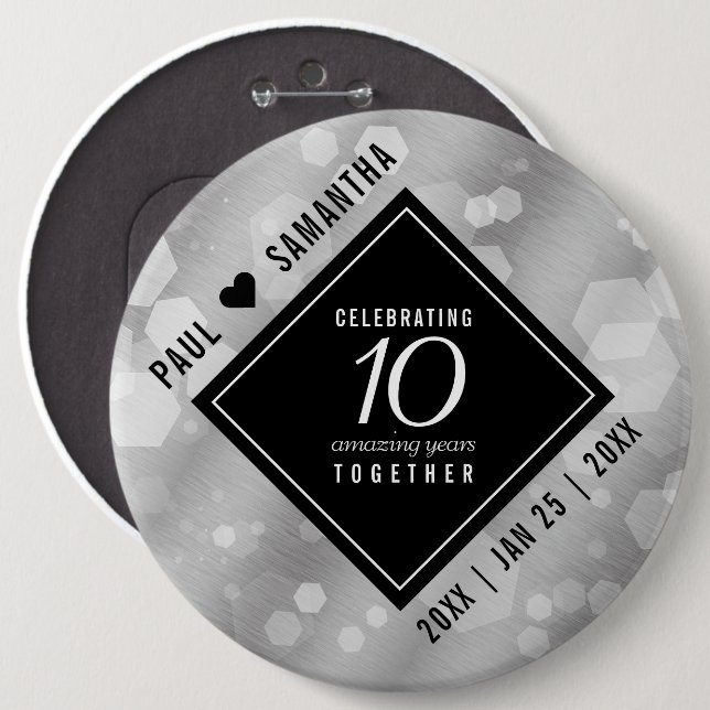 Elegant 10th Tin Wedding Anniversary Celebration 6 Inch Round Button (Front & Back)