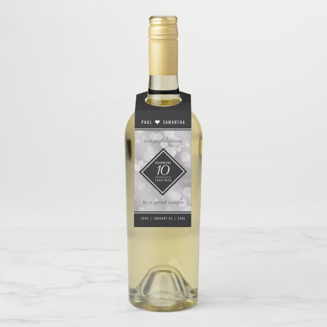 Elegant 10th Tin Wedding Anniversary Celebration Bottle Tag (On Bottle)