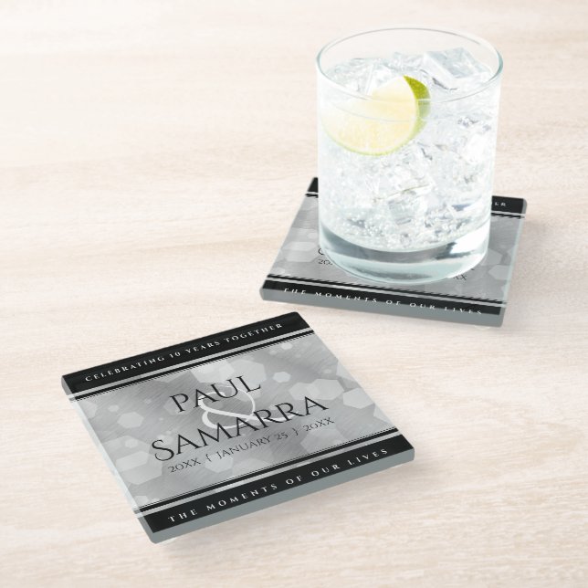 Elegant 10th Tin Wedding Anniversary Celebration Glass Coaster (Angled)