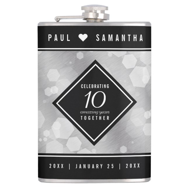Elegant 10th Tin Wedding Anniversary Celebration Hip Flask (Front)