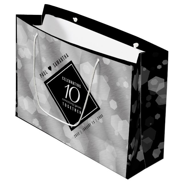 Elegant 10th Tin Wedding Anniversary Celebration L Large Gift Bag (Front Angled)