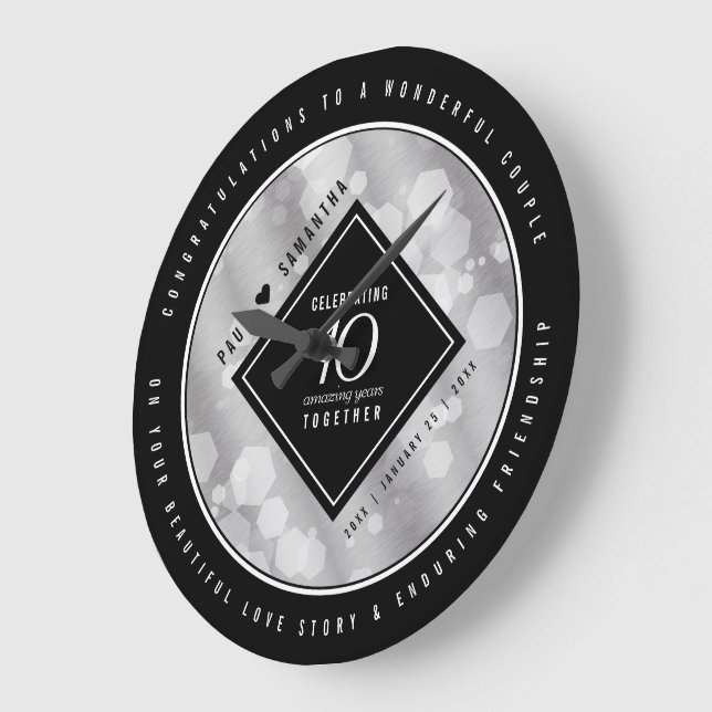 Elegant 10th Tin Wedding Anniversary Celebration Large Clock (Angle)