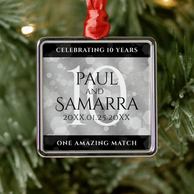 Elegant 10th Tin Wedding Anniversary Celebration Metal Ornament (Tree)