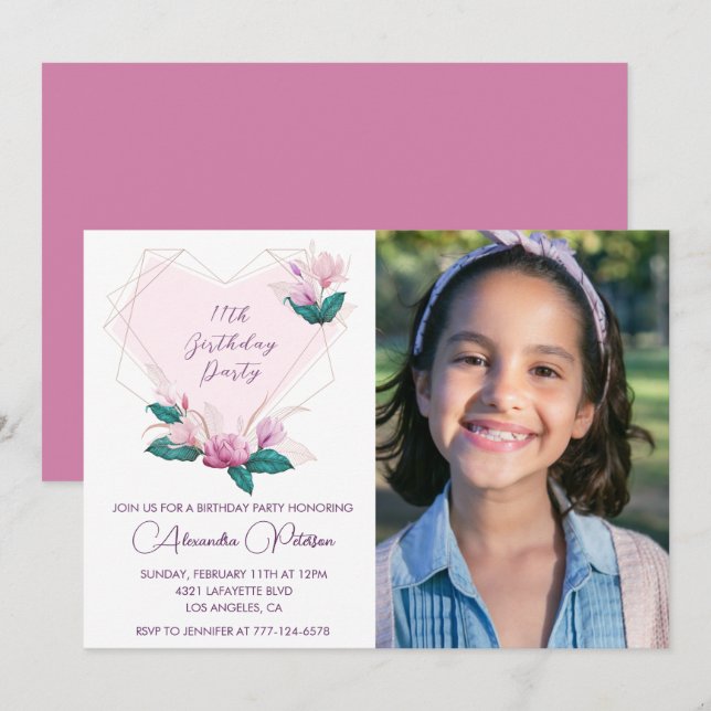 Elegant 11th birthday invitations Floral Photo (Front/Back)