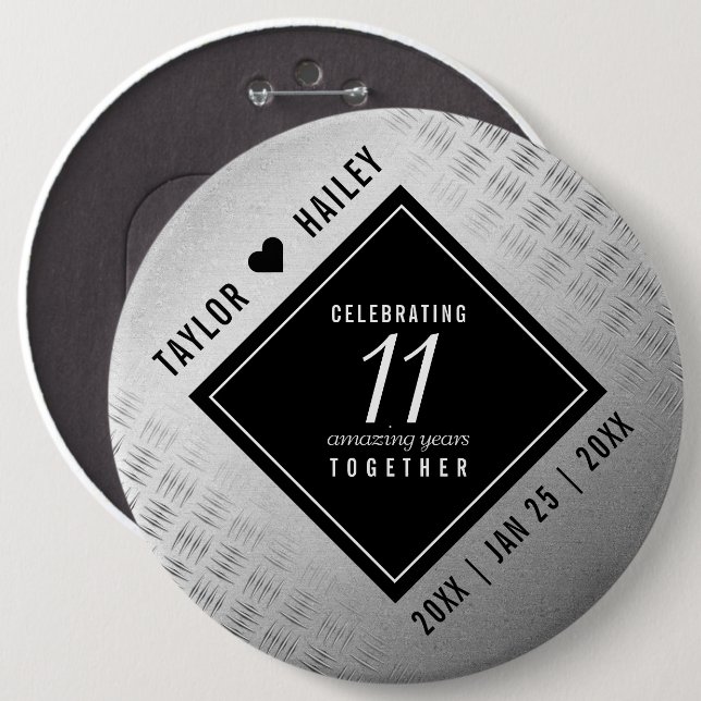 Elegant 11th Steel Wedding Anniversary Celebration 6 Inch Round Button (Front & Back)