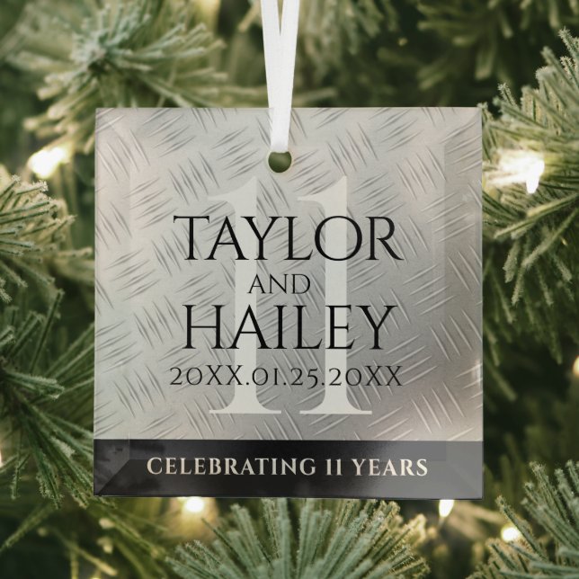Elegant 11th Steel Wedding Anniversary Celebration Glass Ornament (Insitu)