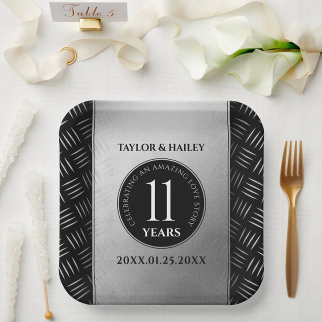 Elegant 11th Steel Wedding Anniversary Celebration Paper Plate (Wedding)
