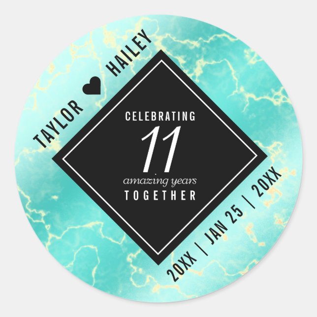 Elegant 11th Turquoise Wedding Anniversary Classic Round Sticker (Front)